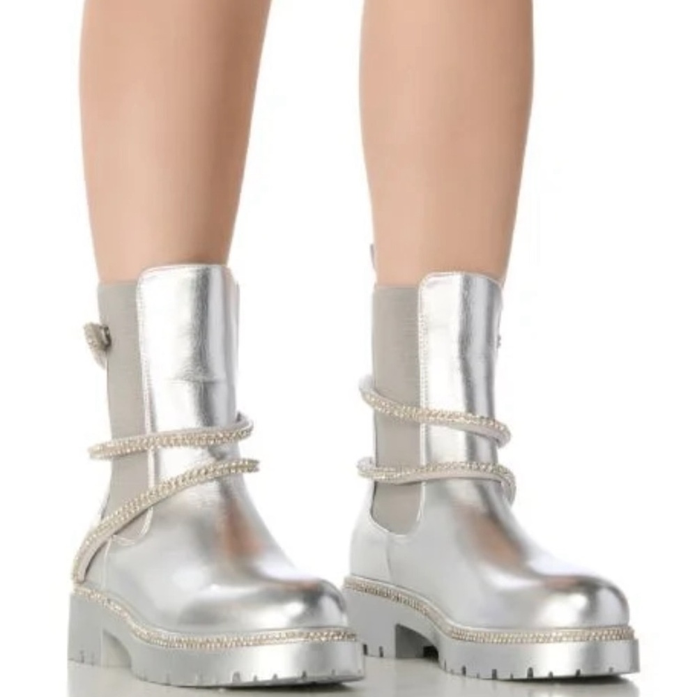 Azalea Wang silver rhinestone combat bootie